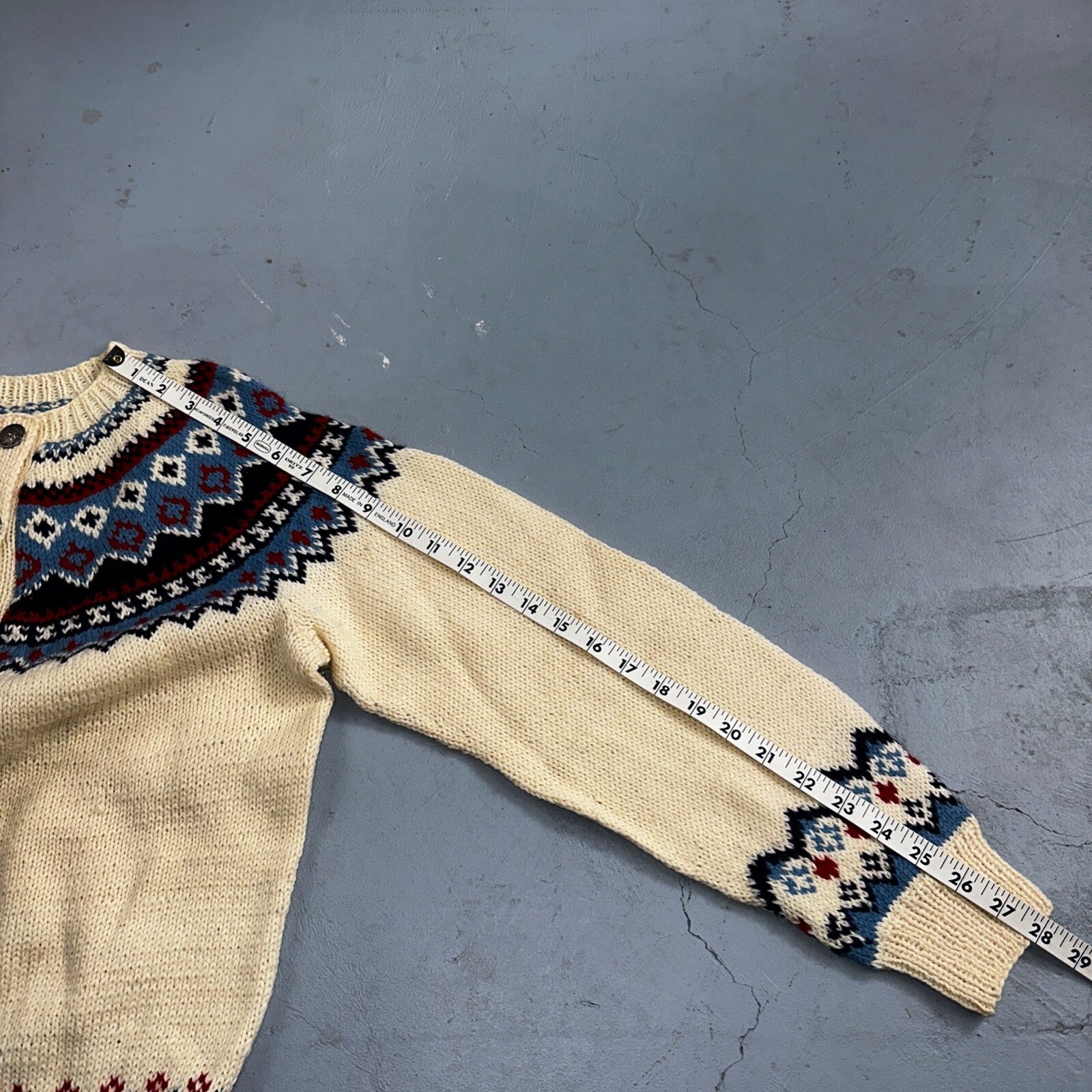 1960s VTG Boho Icelandic Knit Cardigan Large Ivory Red Wool Chunky Grandma Core