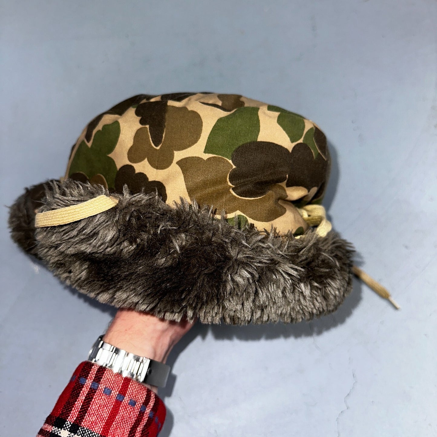 Vintage Browning Down Trapper Hunting Hat XL Camo Fur Lined Ear Flaps USA D60