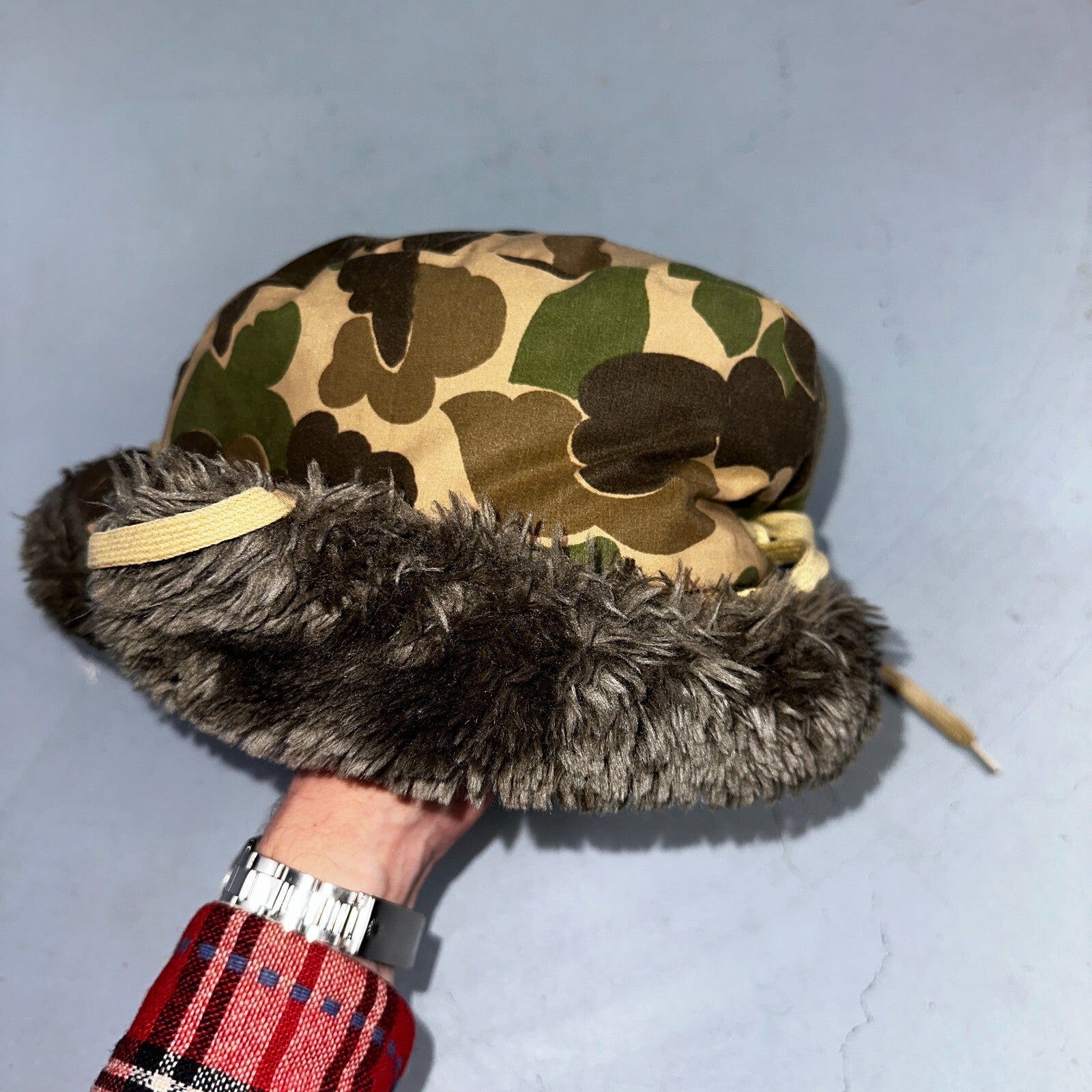 Vintage Browning Down Trapper Hunting Hat XL Camo Fur Lined Ear Flaps USA D60