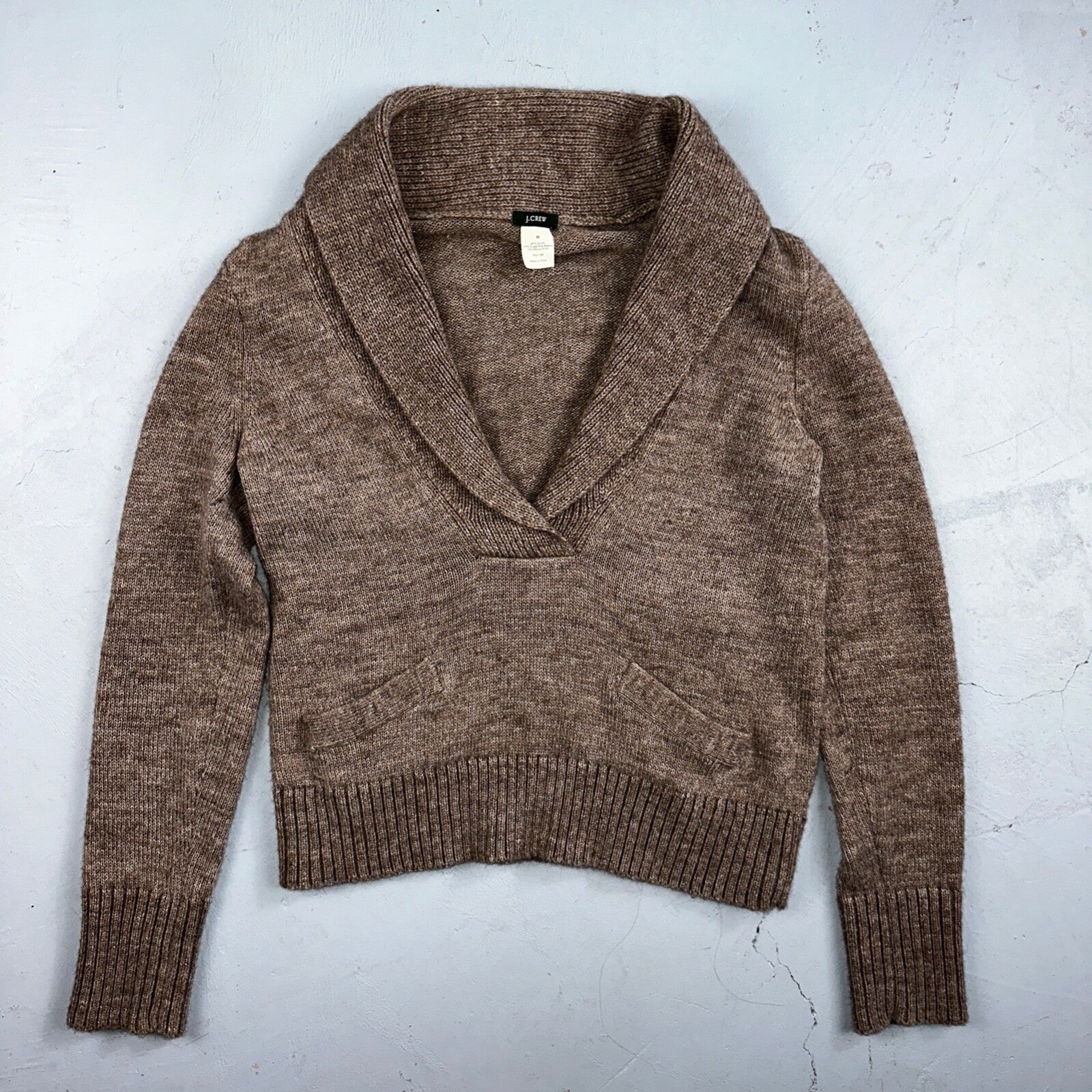 J.Crew Shawl Popover Sweater Brown Merino Wool Alpaca Size M Long Sleeve Cozy