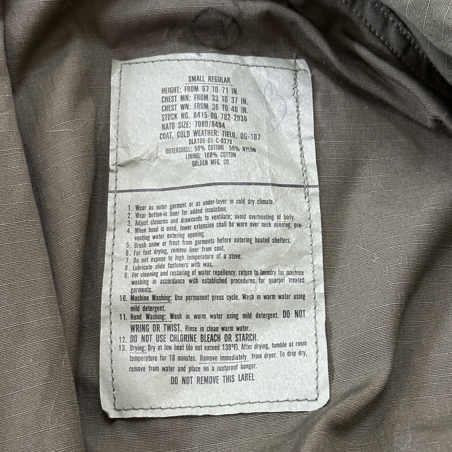 Vintage US Army 1980s Cold Weather Field Coat Jacket M-65 OG 107 Small 80s wwii