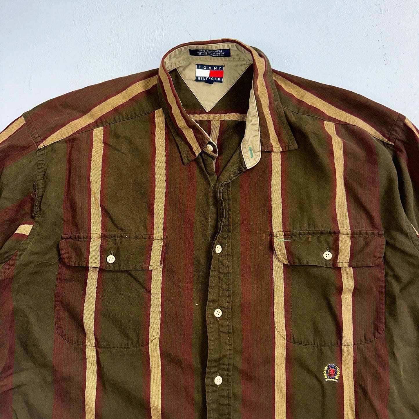 Tommy Hilfiger Mens Striped Shirt Vintage 90s Crest & Long Sleeves XL Has Holes