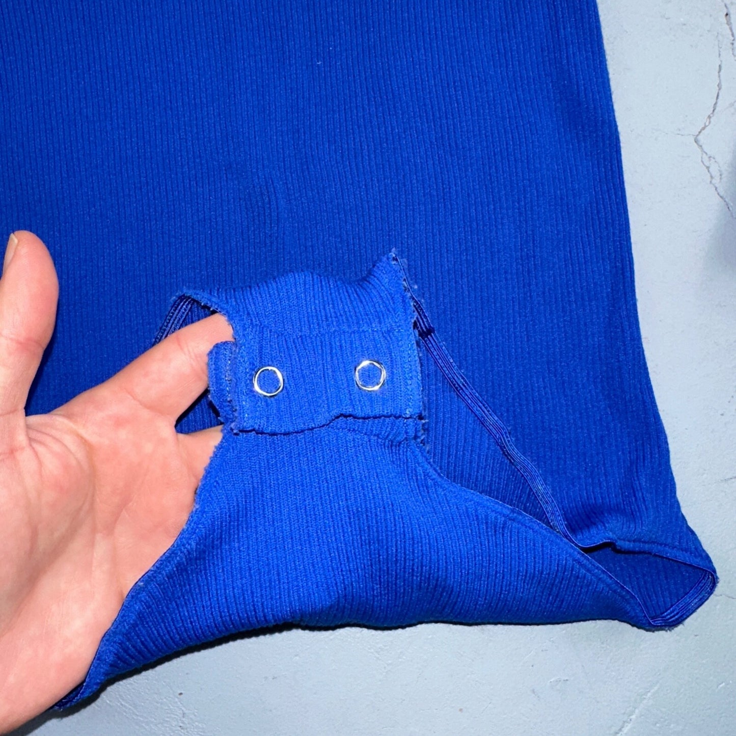 Vintage 1970s Scovill Bodysuit Blue 70s 80s Rib Knit Long Sleeve Mock Neck RARE