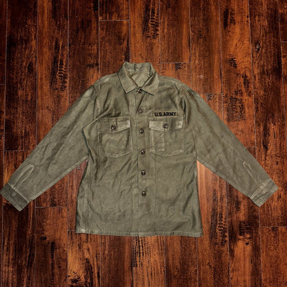 Vintage US Military Shirt OG-107 Vietnam 1970s DSA 1975 Post WWII Camo Green