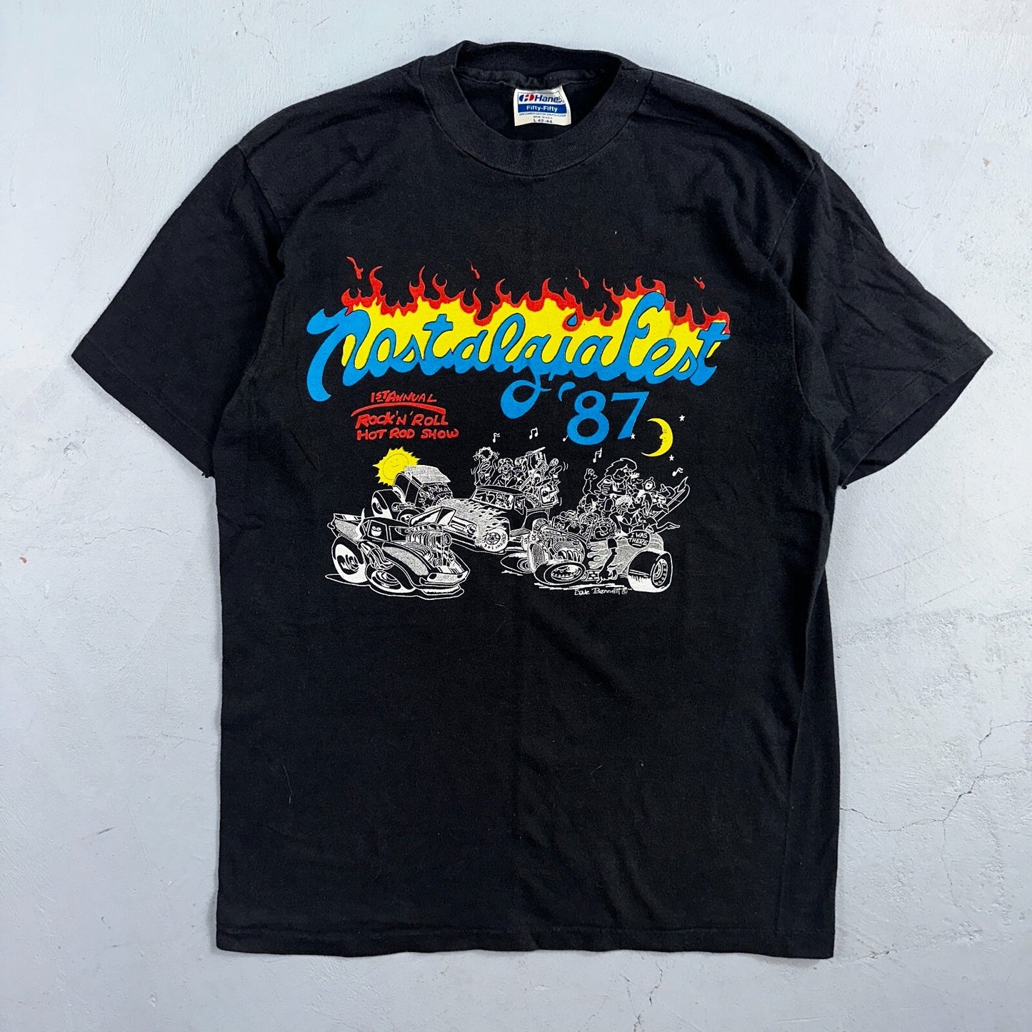 Rock N Roll Flames 80s Hanes VTG T Shirt Nostalgia Fest Hot Rod Cars 1982 Art L