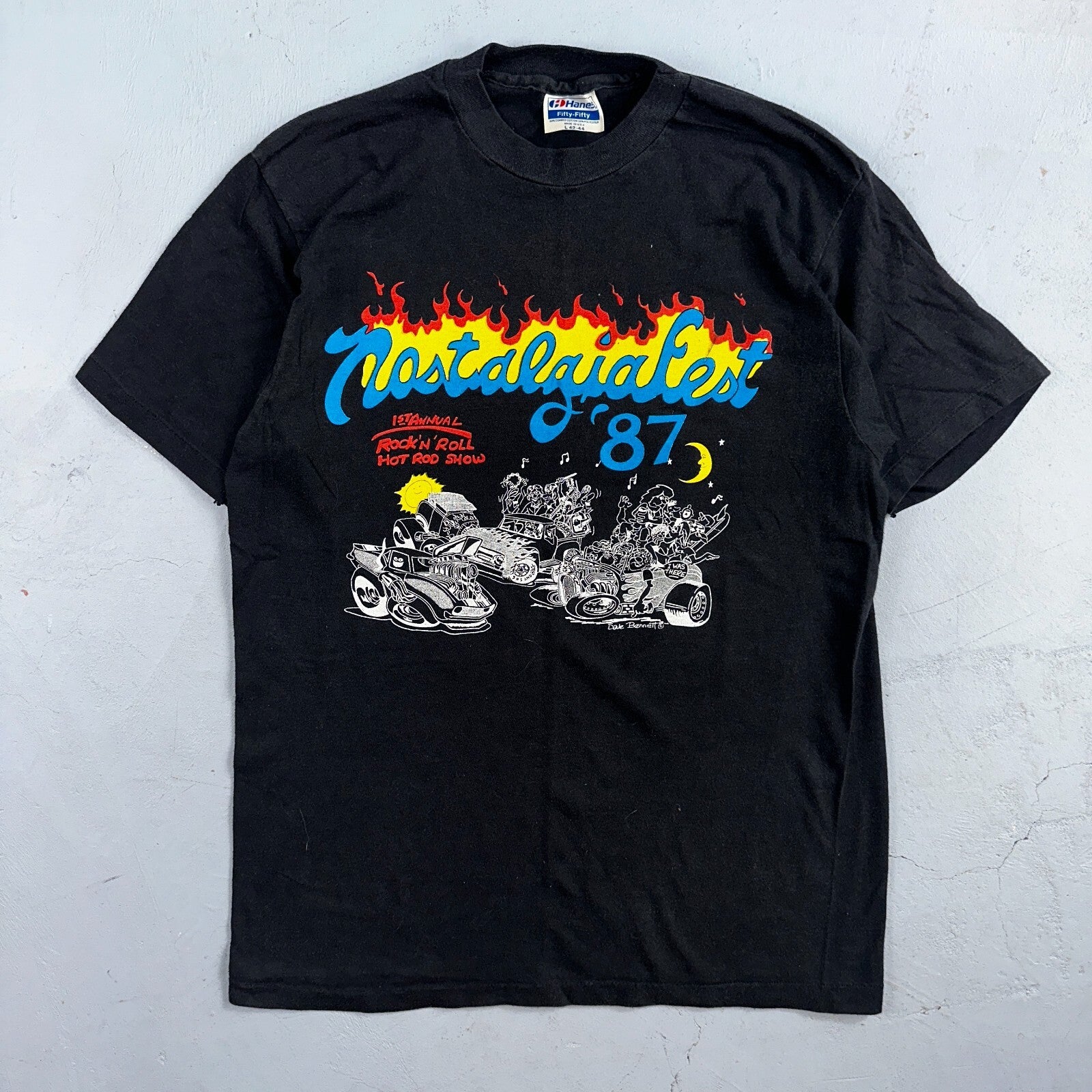 Rock N Roll Flames 80s Hanes VTG T Shirt Nostalgia Fest Hot Rod Cars 1982 Art L