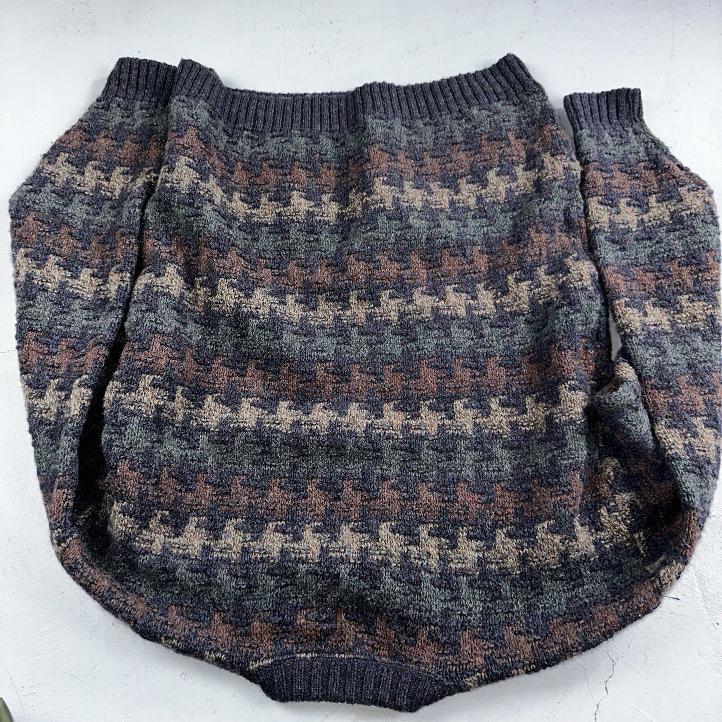 Orvis Men’s Wool Sweater XL Navy Green Tan Brown Jumper Houndstooth GrandpaCore