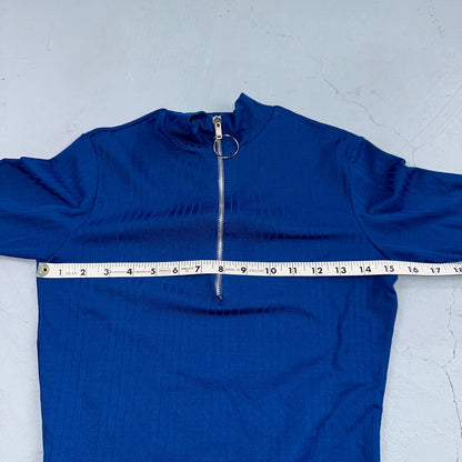 VTG 70s Womens M Sweater Blue Cozy Knit Pullover Short Sleeve High Rockabilly