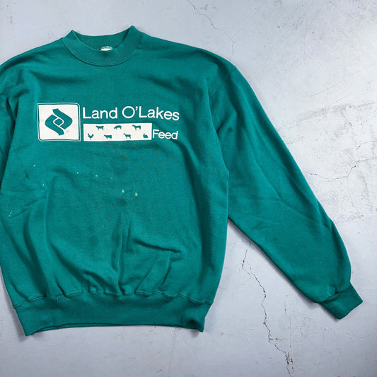 Farm Core Animals VTG 80s Crewneck Sweatshirt Green Land O Lakes Feed Stained