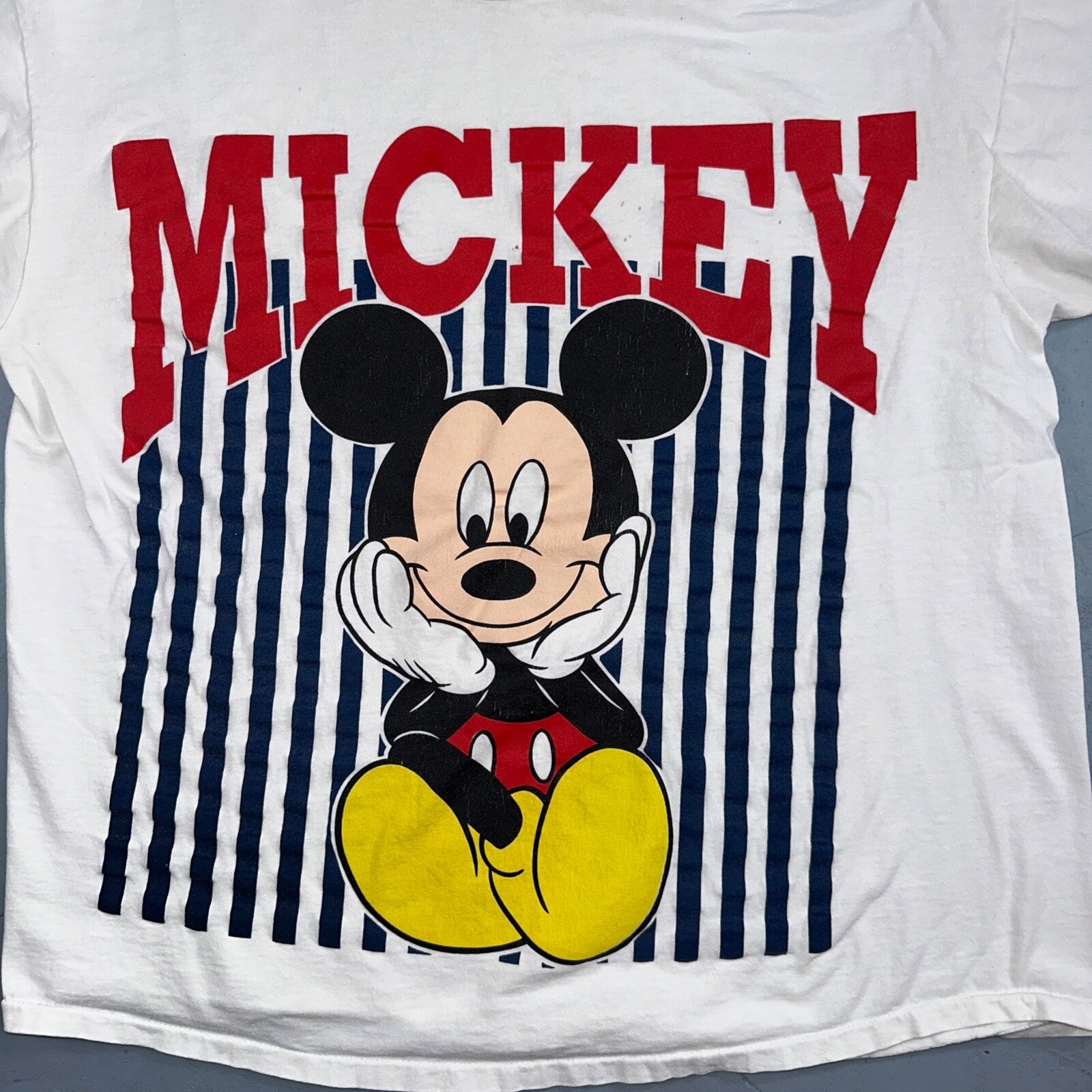 Disney Mickey Mouse Single Stitch Striped VTG T Shirt White 90s Happy Cute