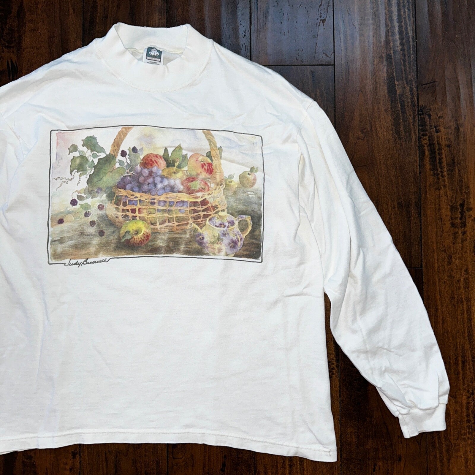 Fruit Basket Art VTG T Shirt Judy 90s Apple Grapes Teapot Elegant Pop Music L