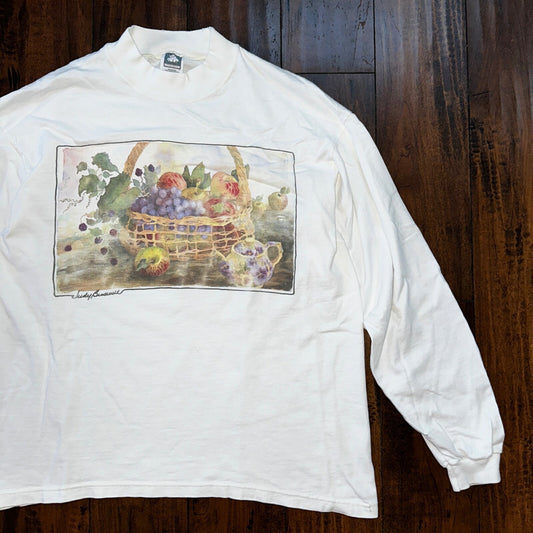 Fruit Basket Art VTG T Shirt Judy 90s Apple Grapes Teapot Elegant Pop Music L