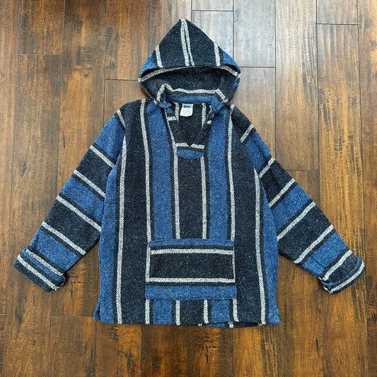 VTG 1980s Baja Hoodie Hippie Size L Surfer Style Blue/Black 90s 80s Mexico