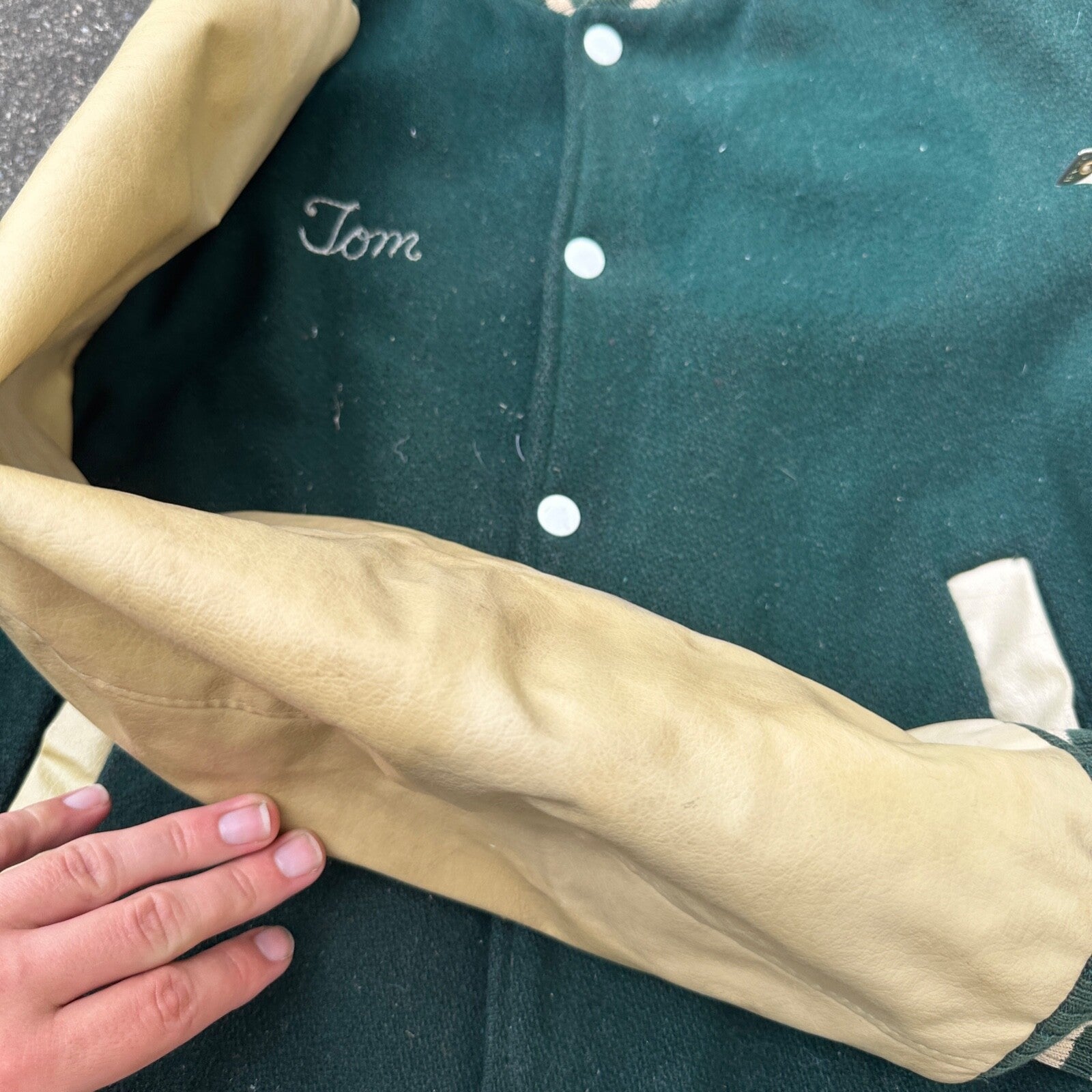 Vintage Letterman Jacket Green White Leather Wool TOM Named Simple Basic 1960s