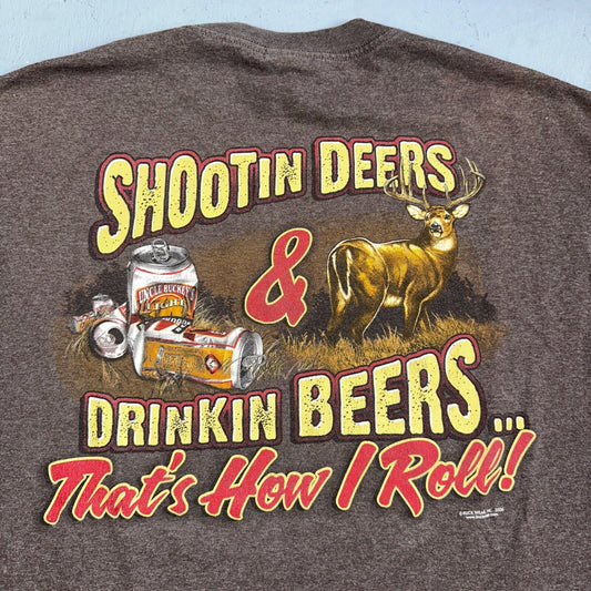 Buck Wear Funny Deers and Beers VTG T Shirt Redneck Brown Y2K Cool Hunting Joke