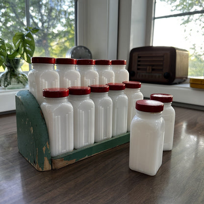 Griffith Milk Glass Spice Jar Set with Wooden Rack USA 1930s Art Deco 12 Pc