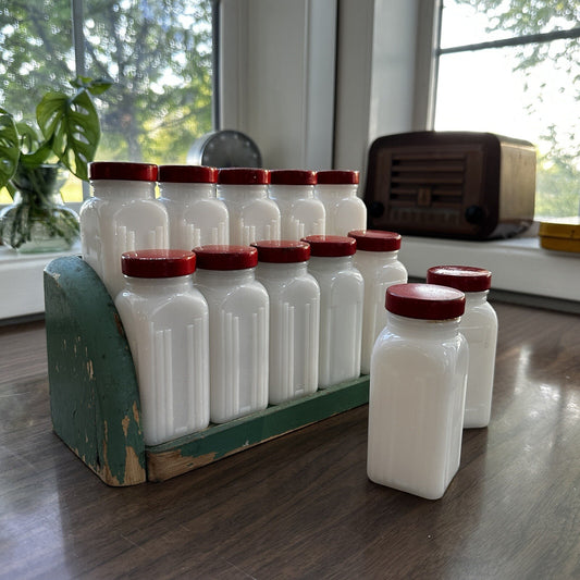 Griffith Milk Glass Spice Jar Set with Wooden Rack USA 1930s Art Deco 12 Pc