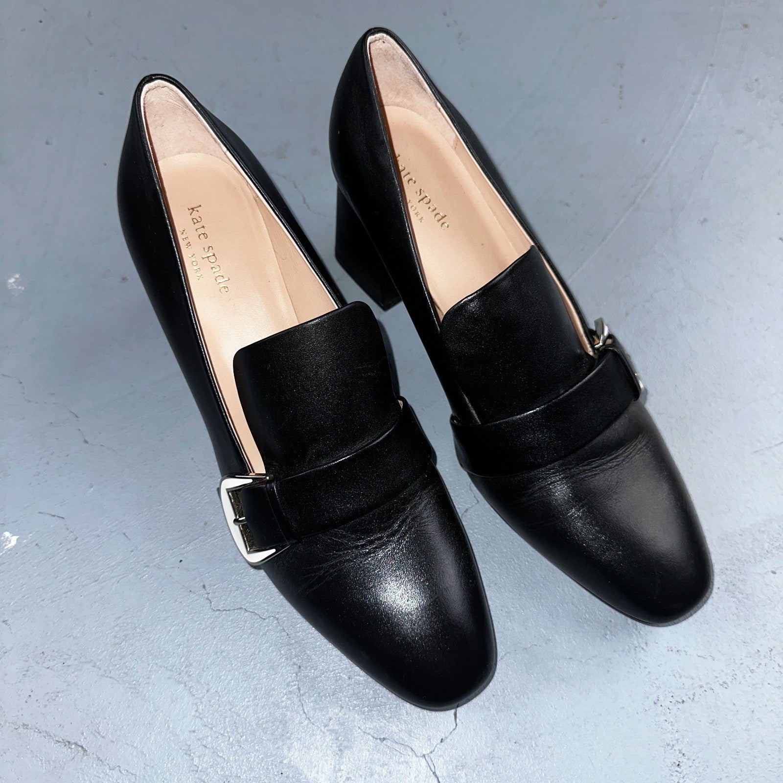 Kate Spade Alia Black Block Heel Pump 9.5 Leather Chunky Silver Tone Buckle