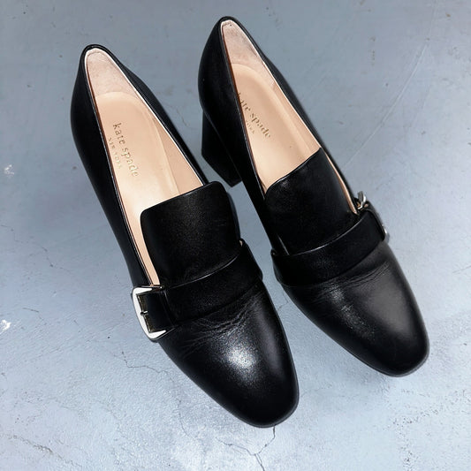 Kate Spade Alia Black Block Heel Pump 9.5 Leather Chunky Silver Tone Buckle