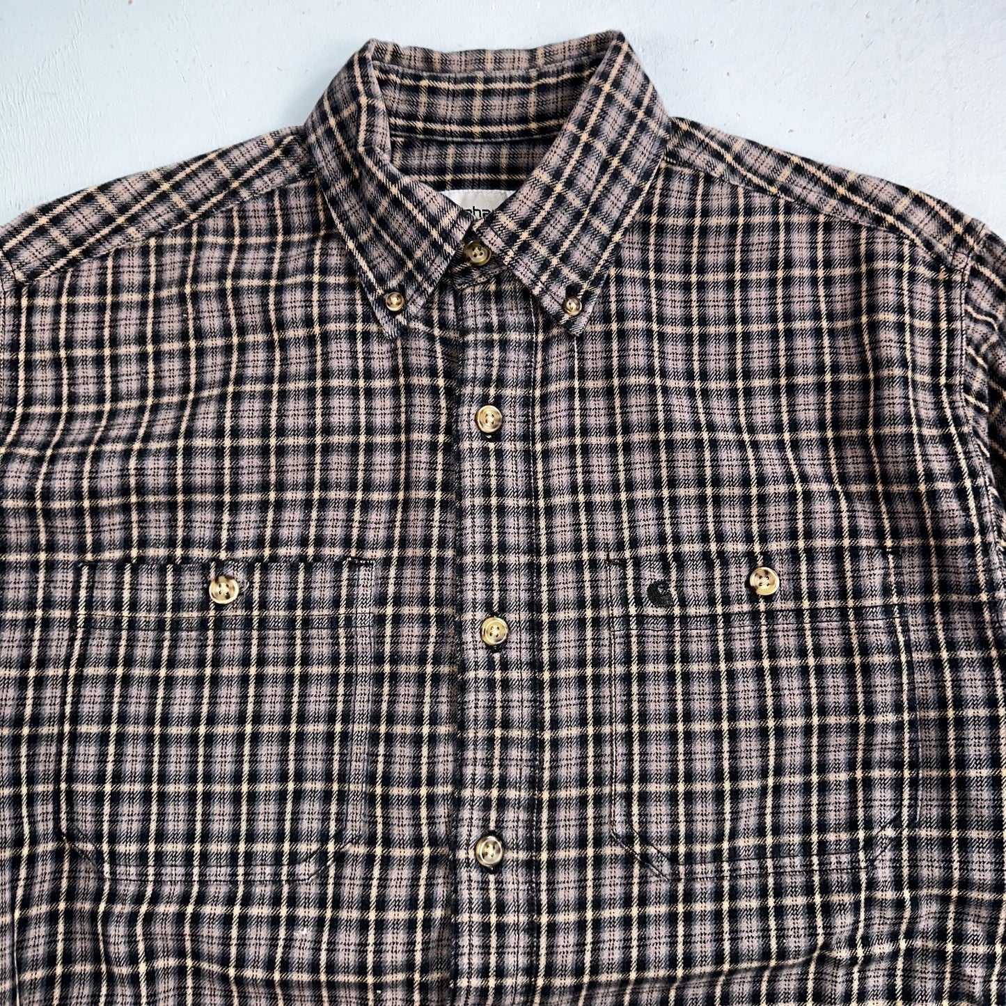 Carhartt Flannel Shirt M S249 BLK Black Brown Pockets Heavy Weight Medium