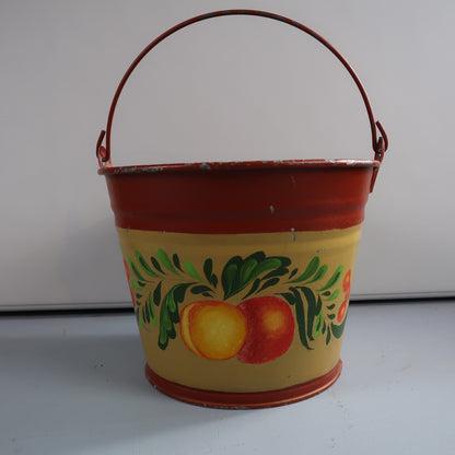 VTG Hand Painted Peaches Metal Bucket W Handle Galvanized Tub Garden Folk Art