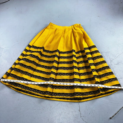 Vintage Marlies Handwebe Tyrol Skirt Yellow Wool Black Lace Trim Austria 50s
