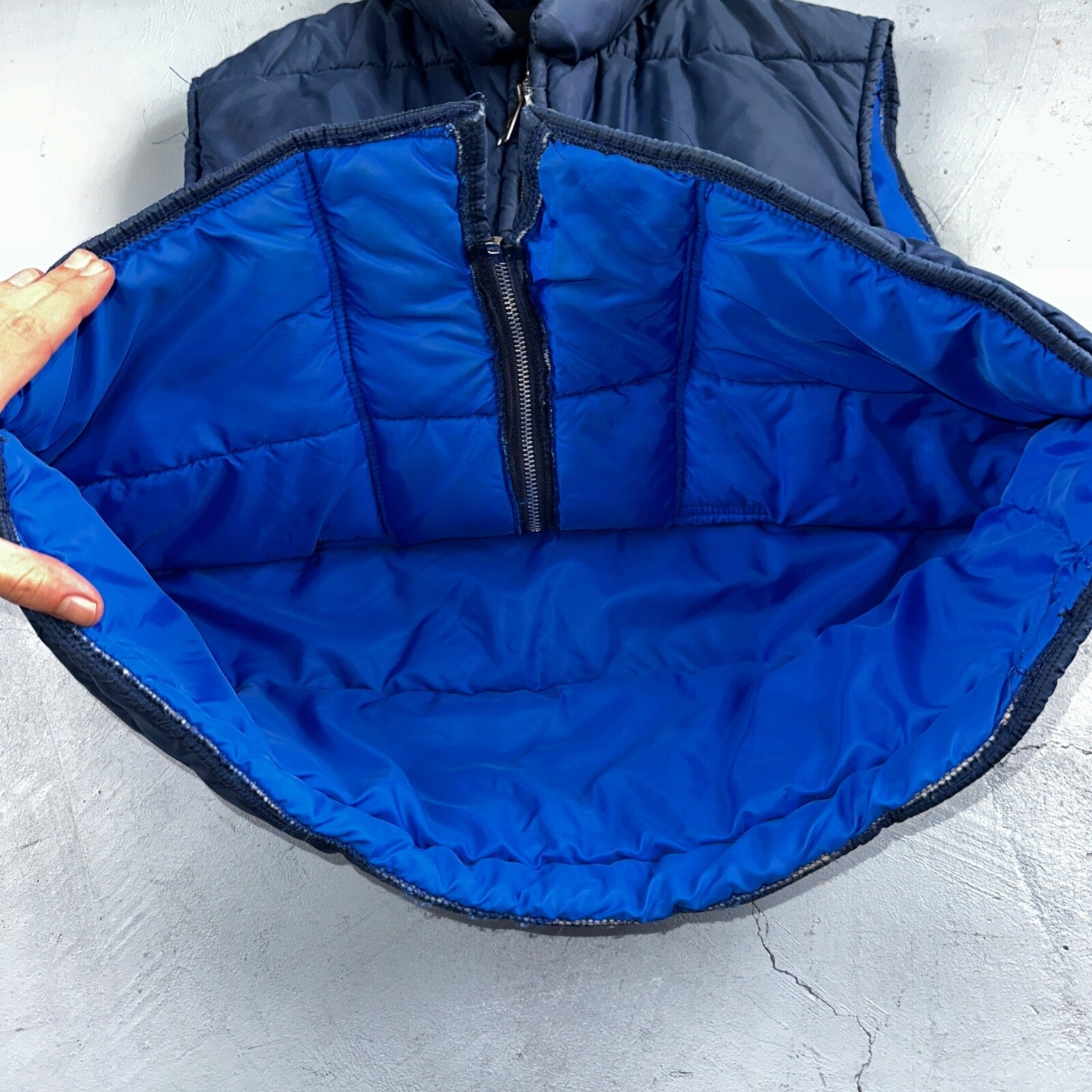 Blue Vintage Vest Warm Winter Puffer Men's L Quilted Zip Up 70s 80s