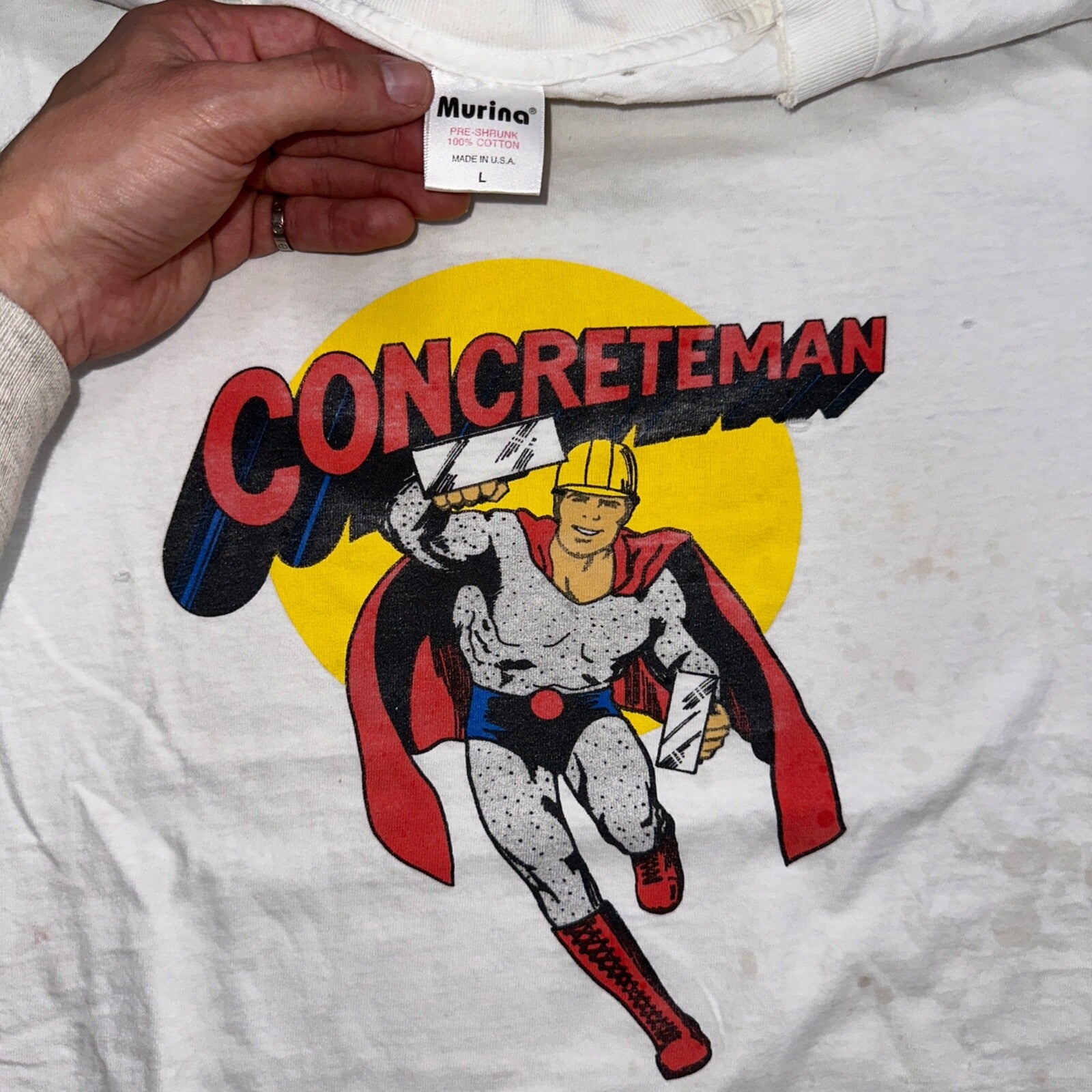 Superman Concrete Man Funny VTG T Shirt 90s USA Spin Off Marvel Construction Rap