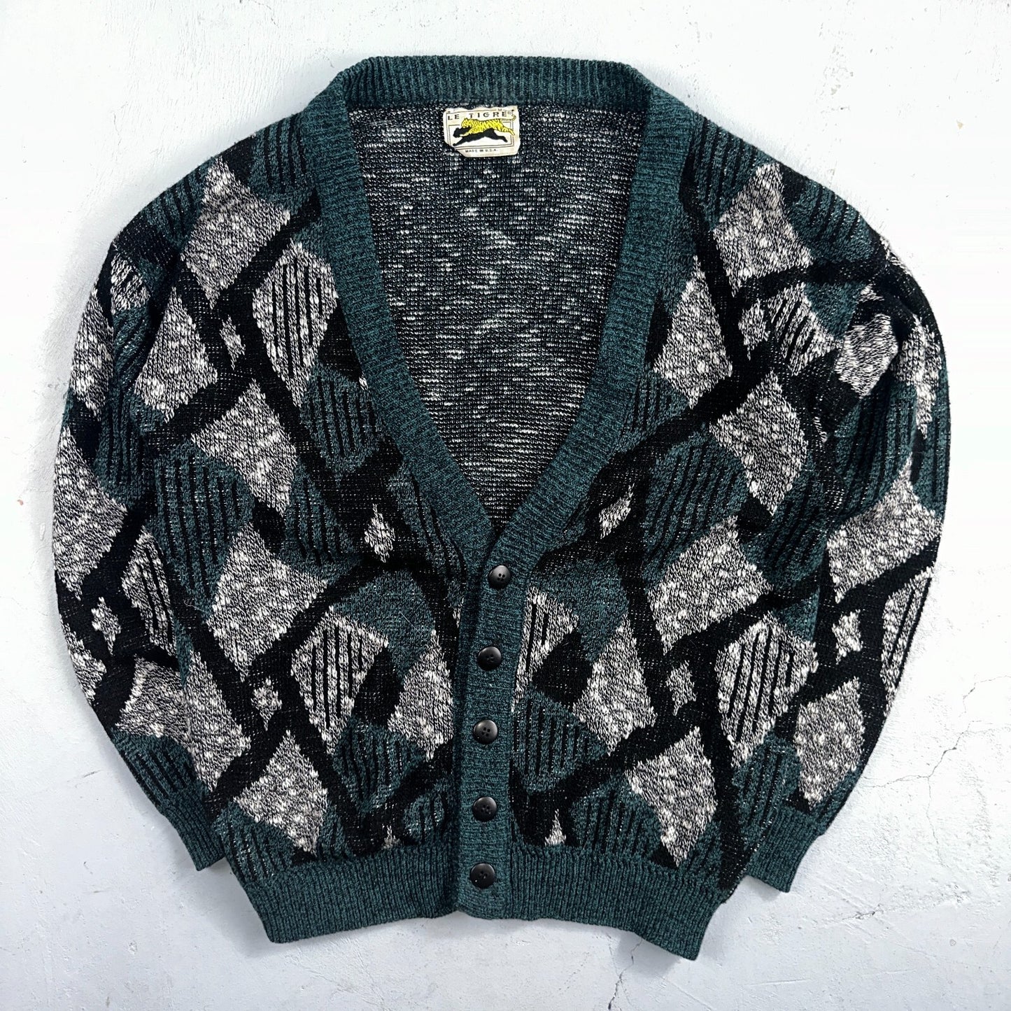 Vintage Le Tigre Mens Sweater M Blue Geometric Cardigan Grandpa 90s Cozy Aztec