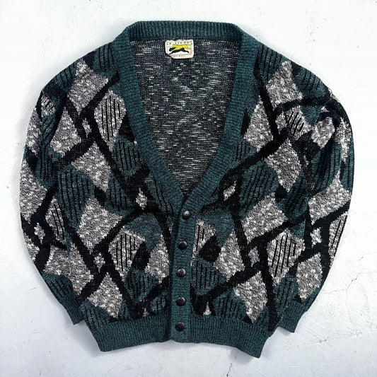 Vintage Le Tigre Mens Sweater M Blue Geometric Cardigan Grandpa 90s Cozy Aztec