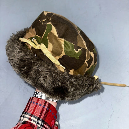 Vintage Browning Down Trapper Hunting Hat XL Camo Fur Lined Ear Flaps USA D60