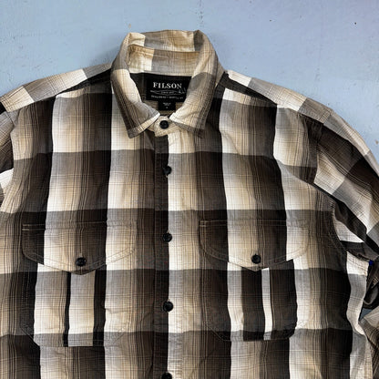 Filson Washed Feather Cloth Button Shirt Small Light White Grey Charcoal Ivory
