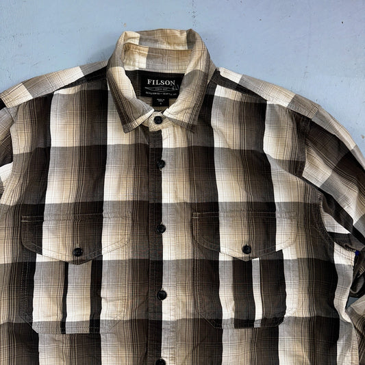 Filson Washed Feather Cloth Button Shirt Small Light White Grey Charcoal Ivory