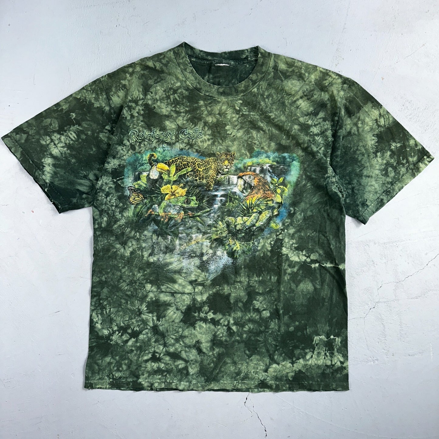 Rainforest Cafe VTG Shirt Mens Large Green Tie Dye Las Vegas Y2K Faded THrashed