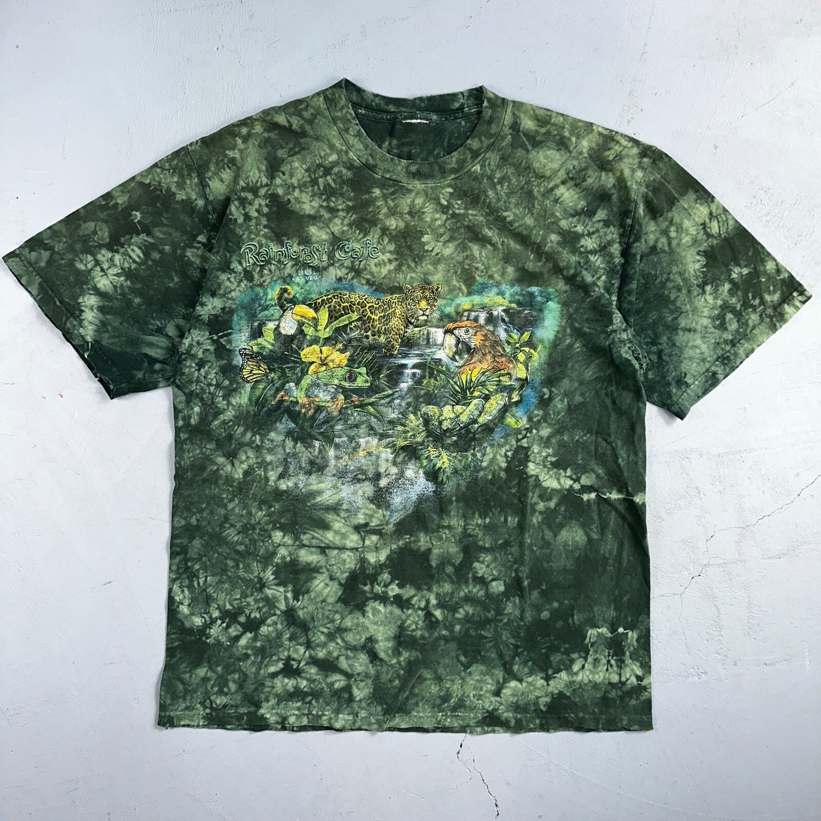 Rainforest Cafe VTG Shirt Mens Large Green Tie Dye Las Vegas Y2K Faded THrashed