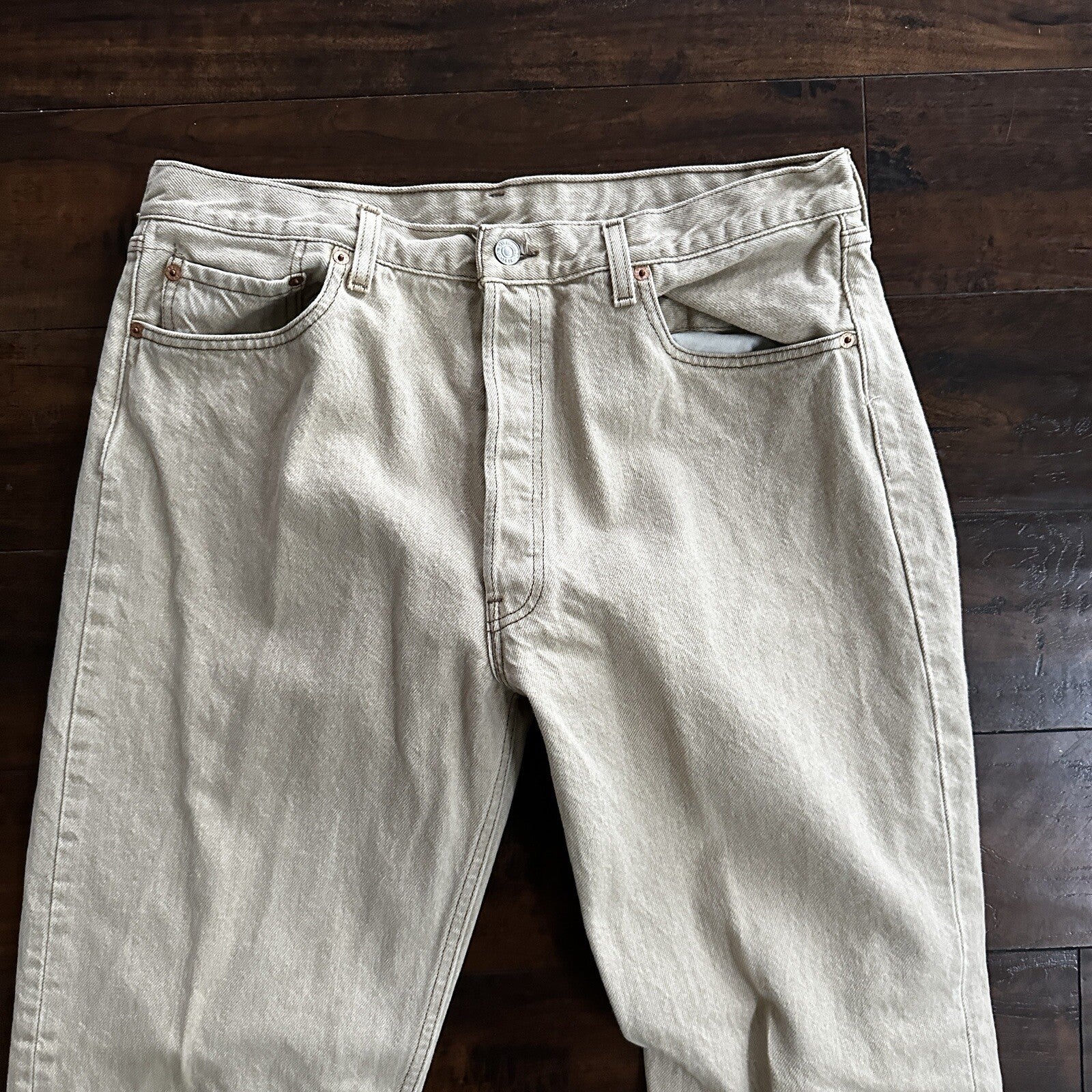 Vintage Levis 501 XX Button Fly 90s 38x34 80s Tag Act 35x34 Tan Cream Bleach