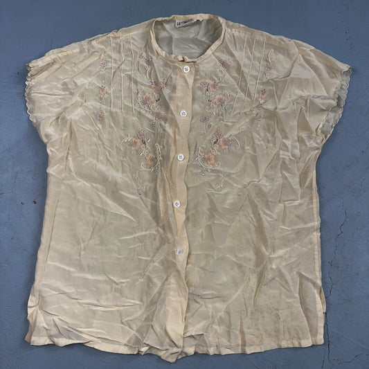 Vintage Lloyd Williams Silk Blouse Beige Women's Size 6 Floral Lace Cute Chic
