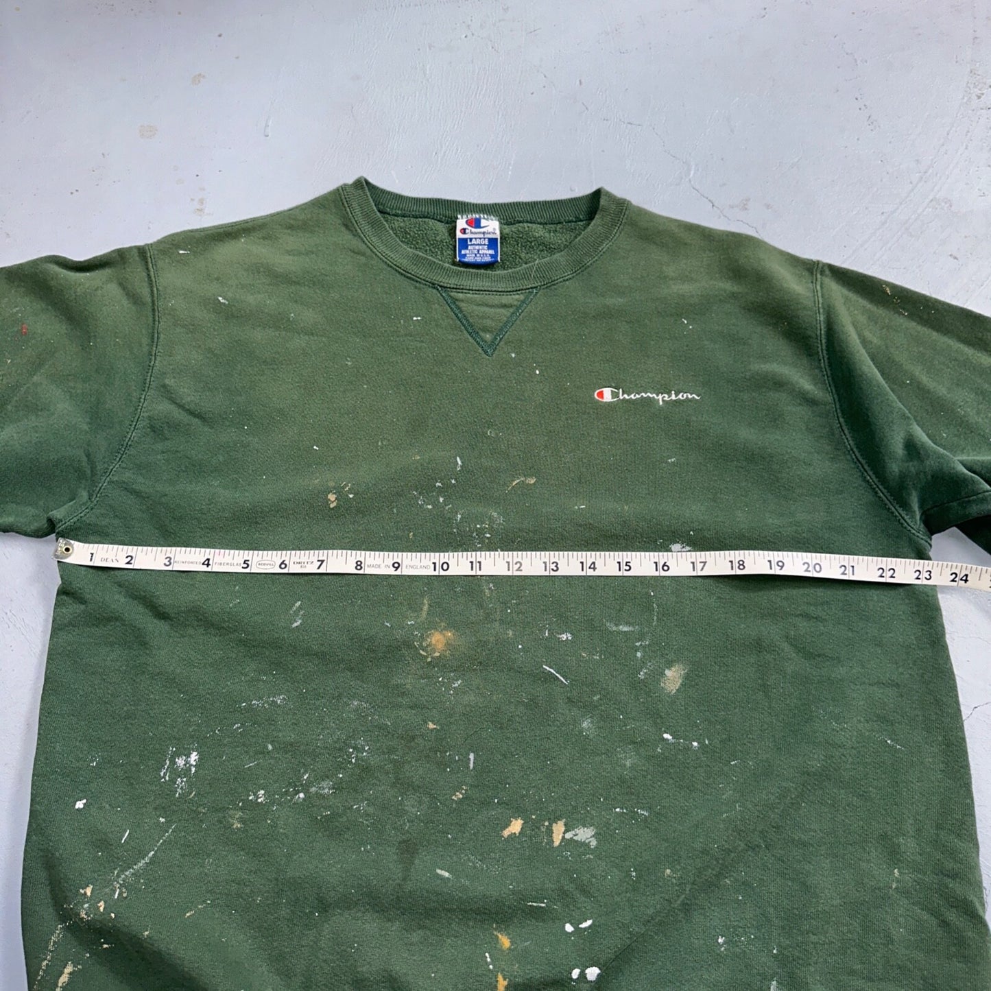 Champion 90s USA Sweatshirt VTG Crewneck Green Thrashed Paint Stained Large