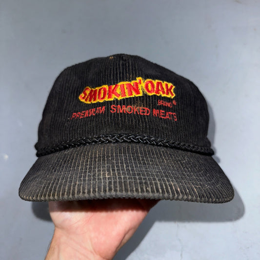 Vintage Smokin' Oak Corduroy Trucker Hat BBQ Promo Cap Black Rope Snapback USA