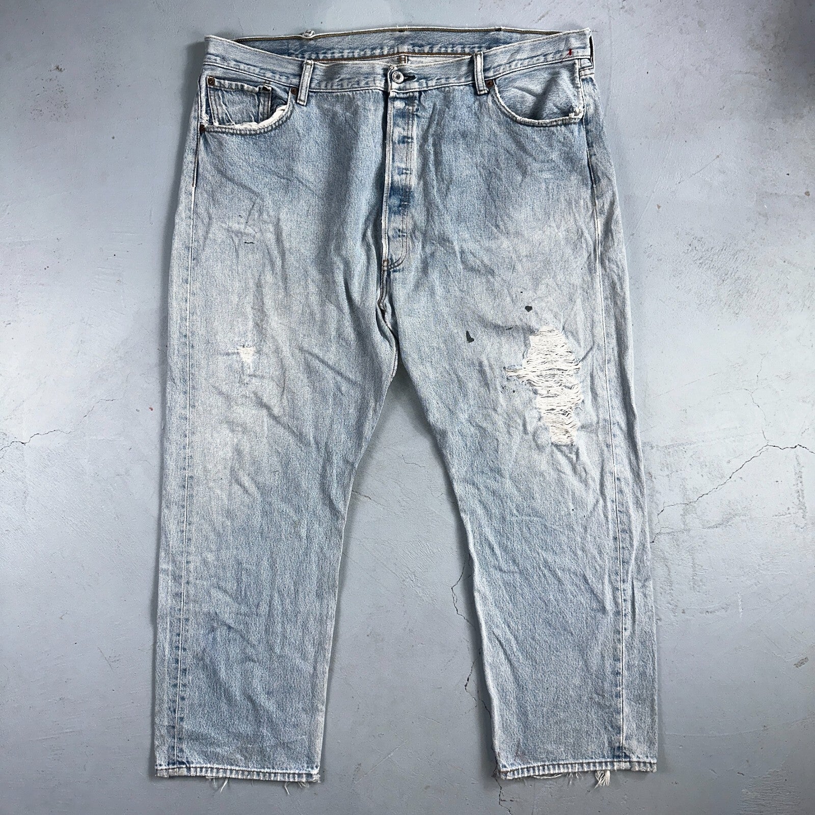 Levis 501 Vintage Y2K XX Straight Leg Jeans Rips Blue Light Wash 46x32 Act 42x28