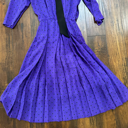 Vintage Katie MFG Purple Print Polka Dot 80s Midi Dress Size Small