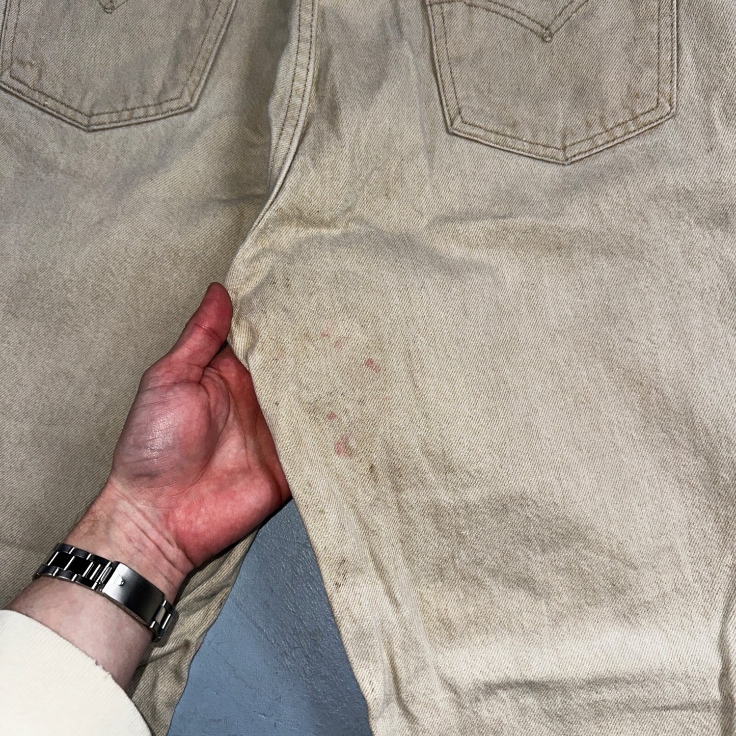 Levis 550 Vintage 90s USA Orange Tab Relaxed Tapered Leg Beige Tan Jeans 38x30