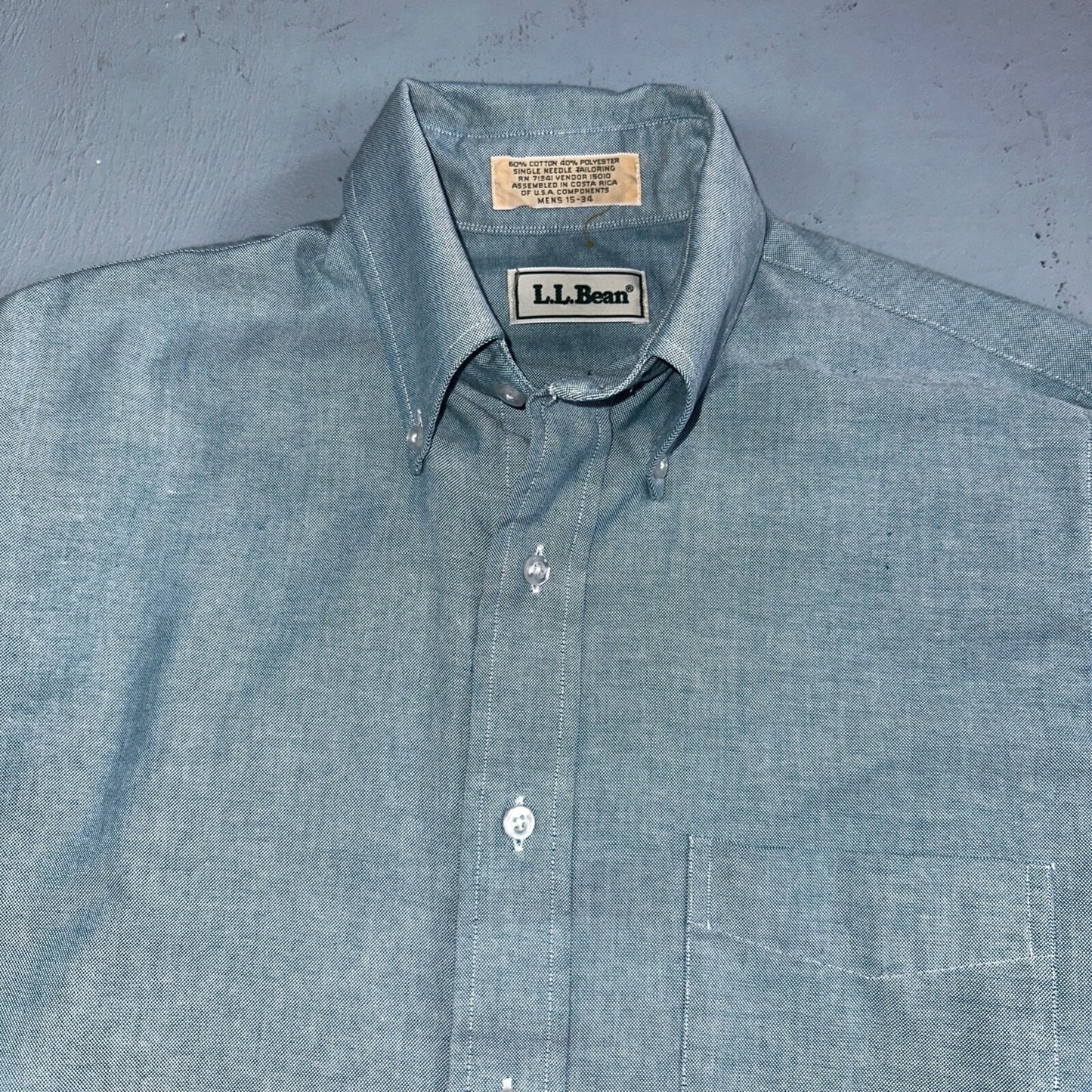 LL Bean Chambray Shirt Mens Size 15 34 Reg Button Long Sleeve Blue Cotton