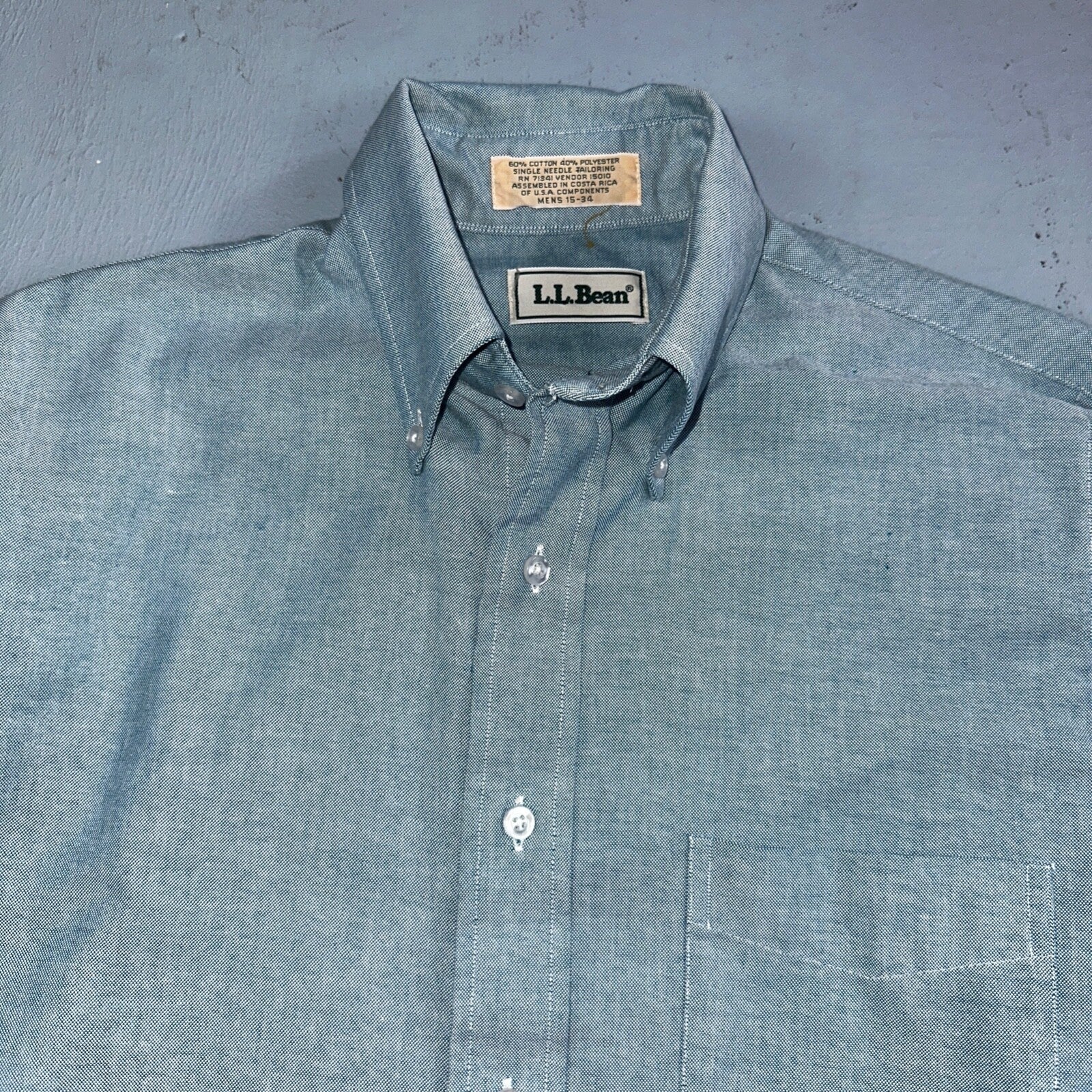 LL Bean Chambray Shirt Mens Size 15 34 Reg Button Long Sleeve Blue Cotton