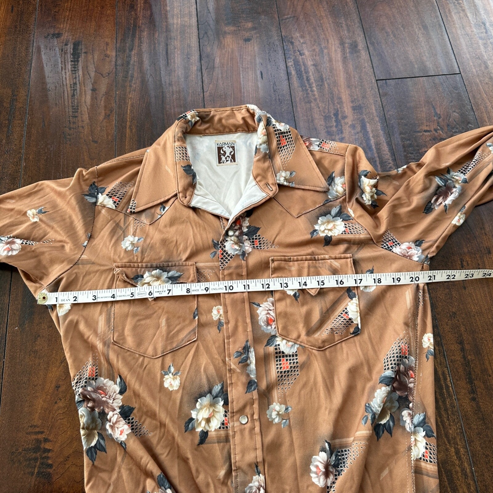 VTG 80s Karman Plaid Shirt Mens Extra Long Tail Pearl Snap Button Up Poly