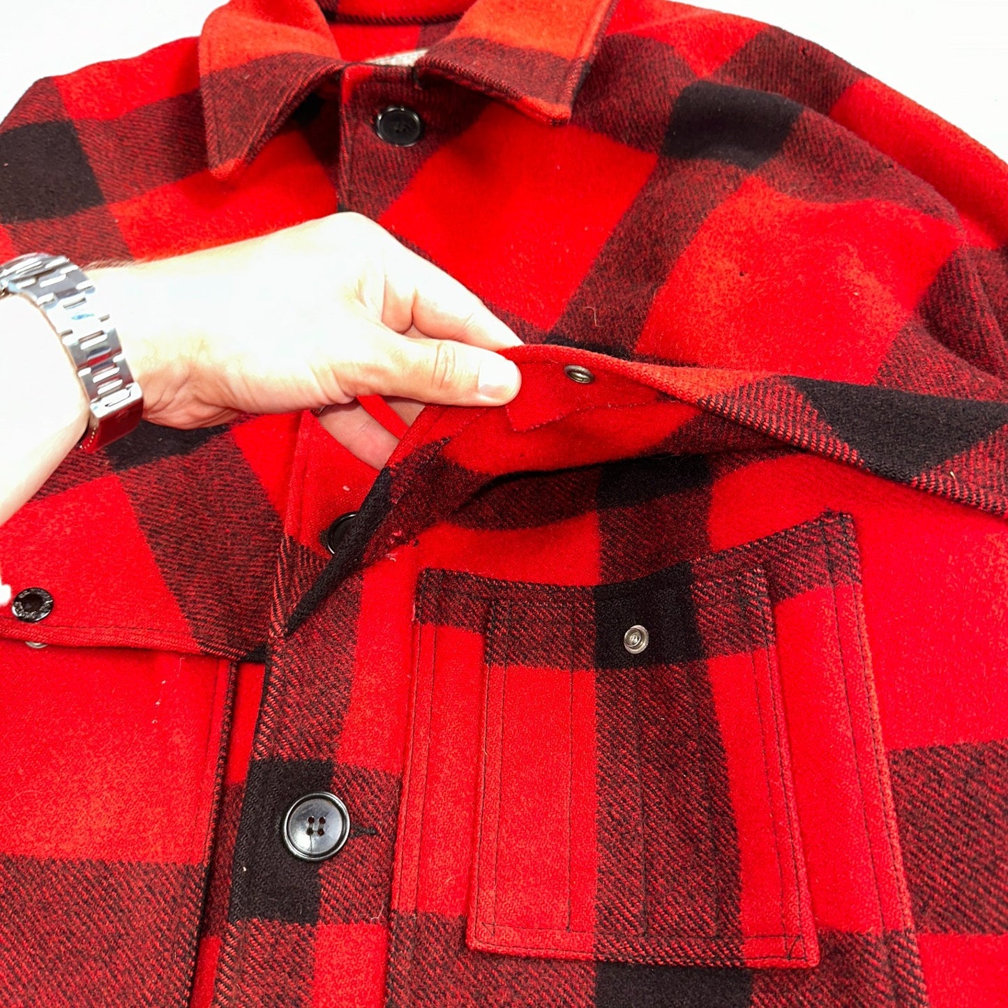Filson Double Mackinaw Cruiser Coat Jacket Mens 46 Red Plaid Wool 70s Vintage