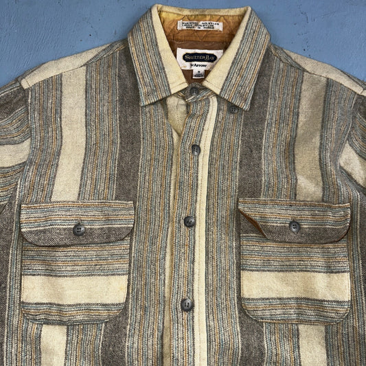 Arrow Shelter Bay Wool Mens Shirt Button Up M Brown Plaid Flannel Striped 80s