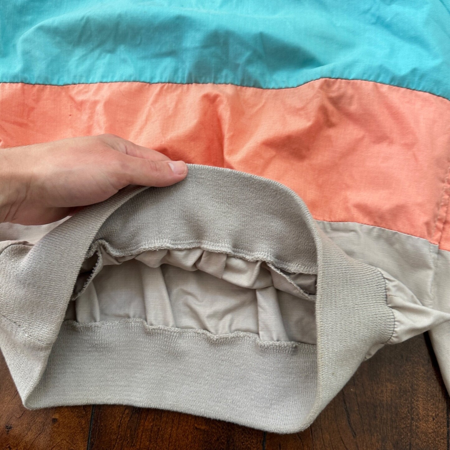 VTG 80s Duffel Pink Blue Strip Collared Pullover Windbreaker Womens L Colorblock