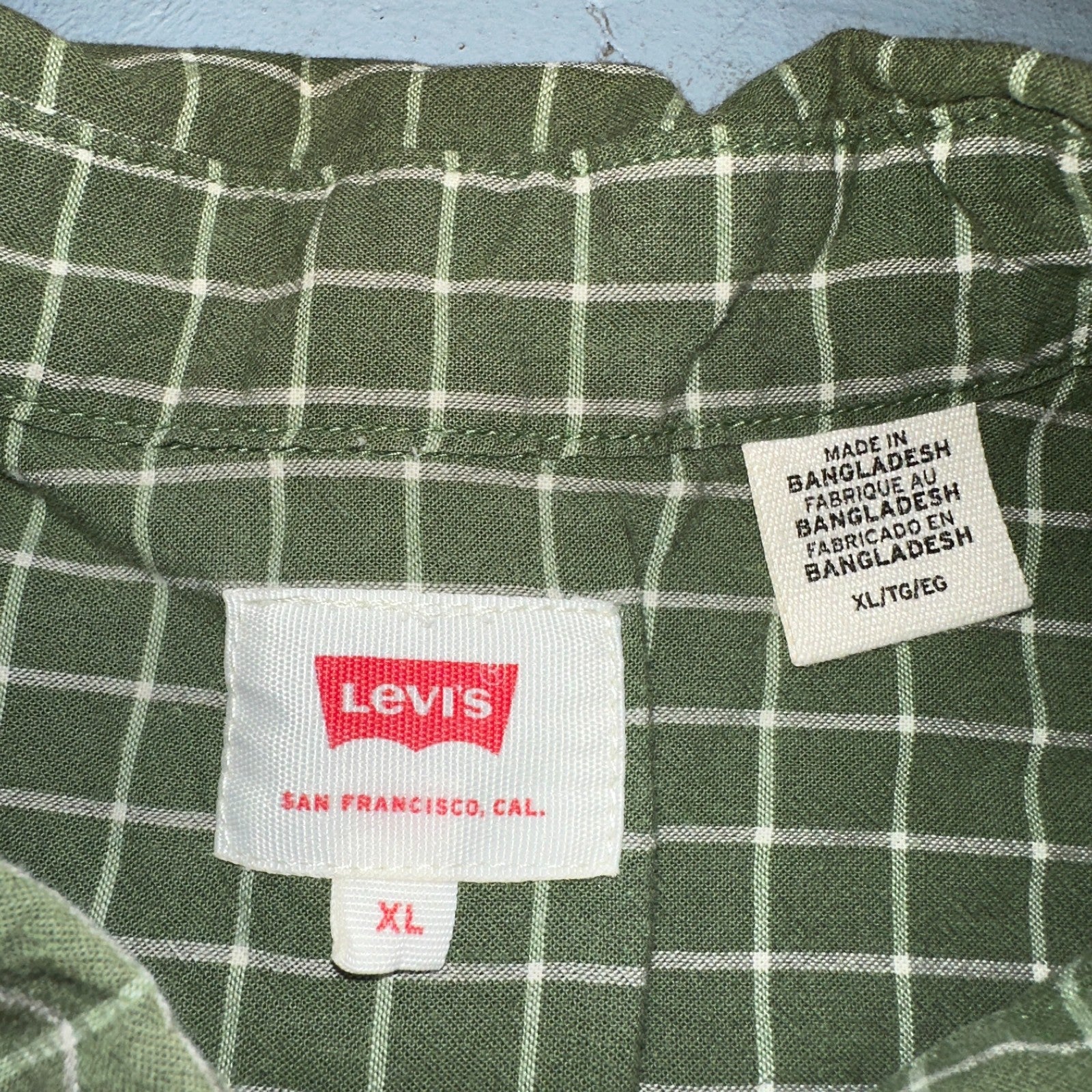 Levis White Tab Mens Button Up Shirt Short Sleeve Green Yellow Plaid Checker XL