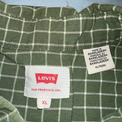 Levis White Tab Mens Button Up Shirt Short Sleeve Green Yellow Plaid Checker XL